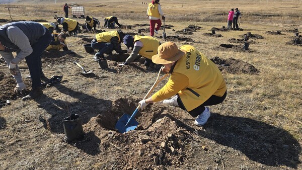 테를지 국립공원에서 나무를 심는 이마트 몽골 임직원의 모습. 이마트