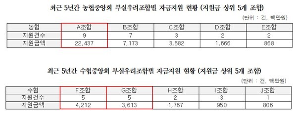 최근 5년간 농협중앙회와 수협중앙회의 부실우려조합별 자금지원 현황 표. 윤준병 의원실