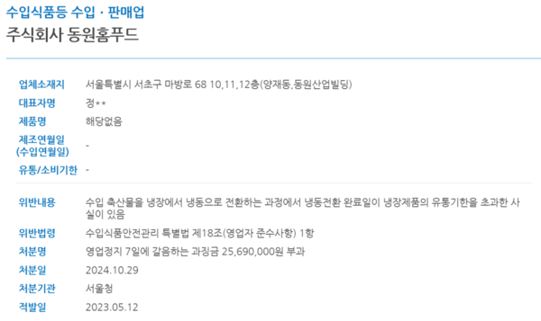 식품안전나라에 동원홈푸드 행정처분 내용이 게재돼 있다. 식품안전나라