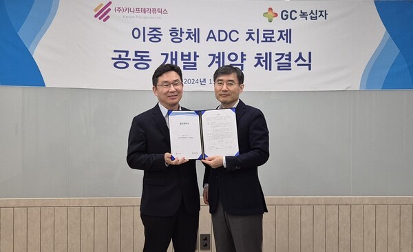 GC녹십자 R&D 부문장 정재욱(왼쪽) 이병철 카나프테라퓨틱스 대표(오른쪽). [제공=GC녹십자]