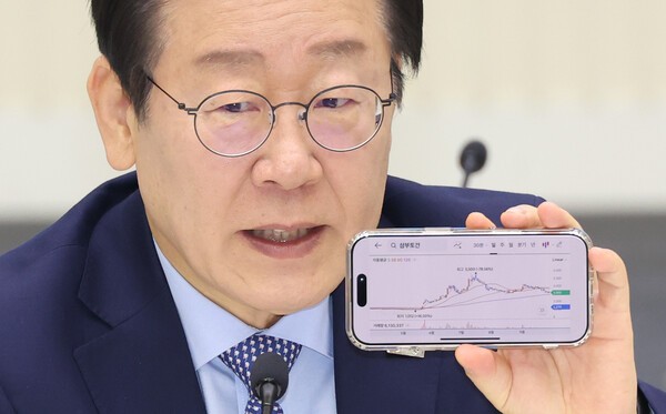 이재명 더불어민주당 대표가 28일 오전 서울 여의도 한국거래소에서 열린 대한민국 주식시장 활성화TF 현장 간담회에서 삼부토건 주식 차트를 들어 보이고 있다. ⓒ연합