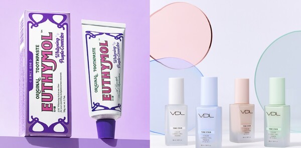 유시몰 화이트닝 퍼플코렉터 치약(좌) / VDL 톤스테인 컬러 코렉팅 프라이머(우). [제공=LG생활건강]