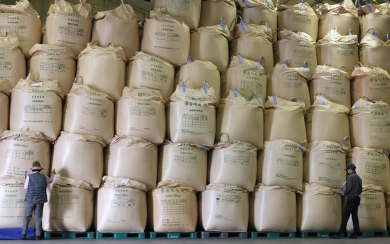 충북 청주시에 있는 한 공공비축벼 보관창고에서 관계자들이 온도 습도 등 벼 상태를 체크하고 있다. 연합뉴스