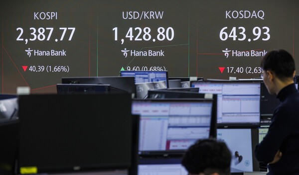 9일 오전 서울 중구 하나은행 본점 딜링룸 전광판에 이날 거래를 시작한 코스피와 원·달러 환율, 코스닥 지수가 표시돼 있다. ⓒ연합