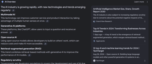 구글의 'AI 오버뷰'를 통해 요약된 최근 AI 산업의 동향. [출처=구글 홈페이지 캡쳐]