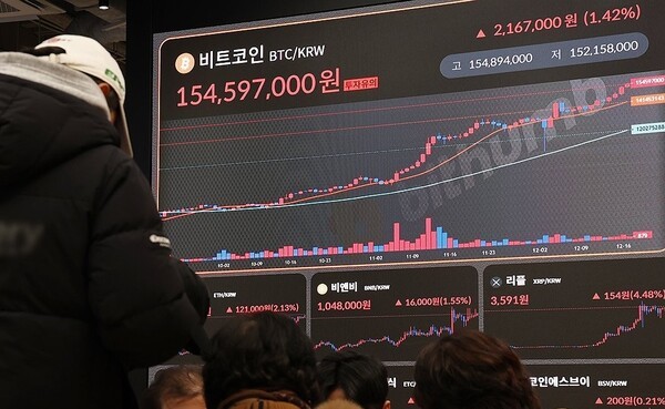 17일 서울 서초구 빗썸라운지 강남점 모니터에 비트코인 시세가 표시되고 있다. [제공=연합]