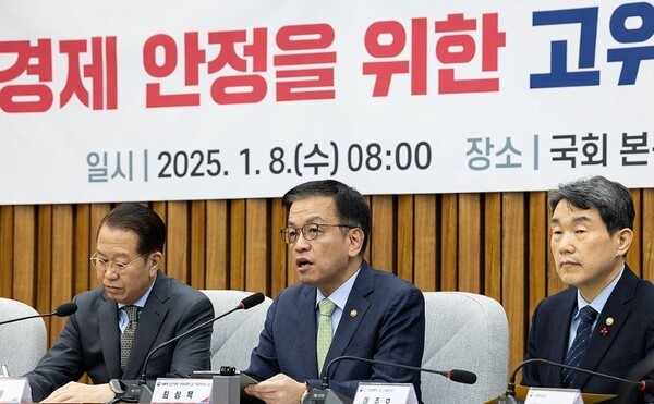 최상목 대통령 권한대행 경제부총리 겸 기획재정부 장관이 8일 서울 여의도 국회에서 열린 비상 경제 안정을 위한 고위당정협의회에서 발언하고 있다. [제공=연합]