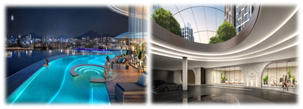(좌)현대건설이 제안한 '스카이 인티니피 풀'.(우) 삼성물산이 제안한 호텔식 지하주차장 출입구
