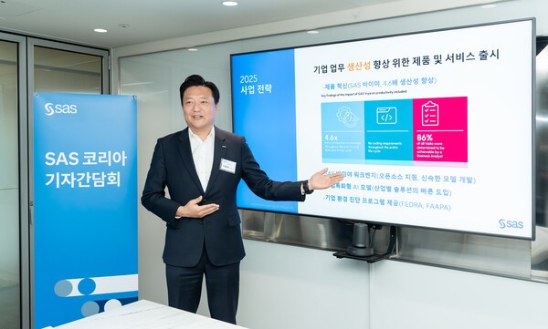 이중혁 SAS코리아 대표이사가 21일 기자간담회에서 발표하고 있다. [출처=SAS코리아]