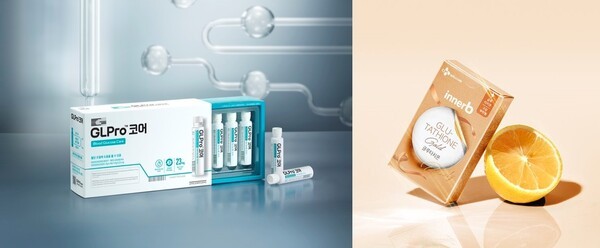 KGC인삼공사 ‘정관장 GLPro 코어’(왼쪽)와 CJ웰케어 ‘이너비 글루타치온 골드’. (제공=각 사)