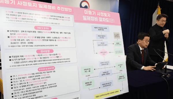 국민권익위원회 유철환 위원장이 24일 서울 종로구 정부서울청사에서 열린 1월 정례 브리핑에서 지난 4년간 실태조사와 정책 연구용역을 거쳐 국무회의에 보고한 미등기의 사정토지의 일제 정비 방안을 브리핑하고 있다. [제공=연합]