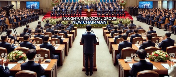 챗GPT가 농협금융그룹 회장 취임식을 상상해 그린 그림. [출처=EBN AI 그래픽 ]