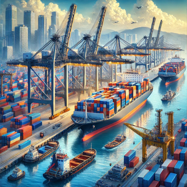 챗GPT가 부산항 무역선들이 오가는 장면을 그린 그림[출처=EBN AI 그래픽]