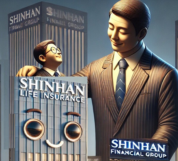 신한금융그룹이 자회사 신한라이프를 격려하는 장면을 의인화한 챗GPT 그림 [출처= EBN AI 그래픽]