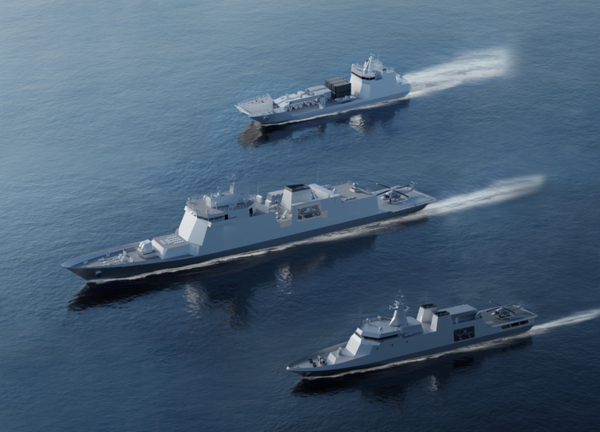 ▶ HD현대중공업이 페루로부터 수주한 3400톤급 호위함(가운데), 2200톤급 원해경비함(아래), 1500톤급 상륙함(위)의 조감도. [제공=HD현대중공업]