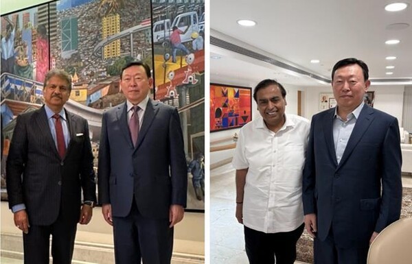 신동빈 롯데그룹 회장이 인도 출장 기간 중 무케시 암바니 릴라이언스그룹 회장(오른쪽), 아난드 마힌드라 마힌드라그룹 회장(왼쪽) 등 글로벌 기업의 최고경영진과 만나 비즈니스 현안과 협력 방안을 논의했다. [출처=롯데]