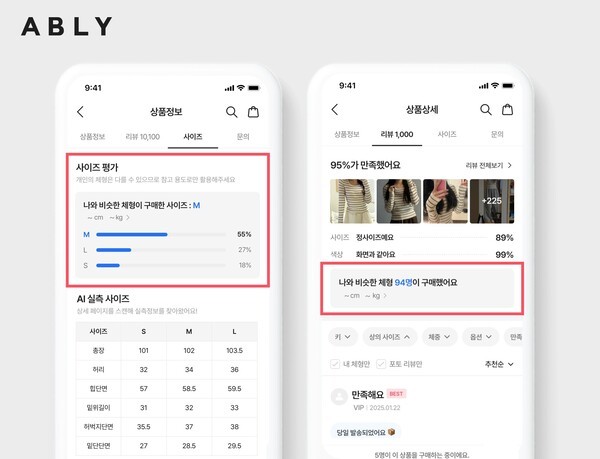 에이블리가 고객 쇼핑 편의성 향상을 위해 상품 상세 페이지 내 ‘사이즈 추천 기능’을 대폭 개선했다. [출처=에이블리]