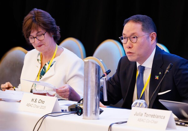 호주 브리즈번에서 ABAC회의를 주재하고 있는 조현상 HS효성 부회장과 왼편에 엘리자베스 워드 호주 APEC 대사. [출처=대한상의]