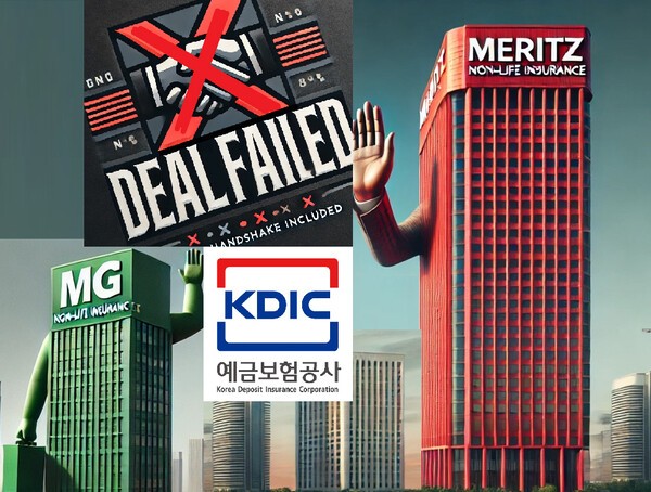 메리츠화재가 MG손해보험 인수를 중단했다. 인수 우선협상대상자로 선정된 지 석달 만이다. 메리츠화재는 지난 13일 MG손보 매각 주관사인 예금보험공사에 우선협상대상자 지위를 다시 돌려줬다고 밝혔다. [출처=챗GPT, EBN AI 그래픽 ]