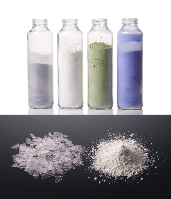 다양한 색상을 지닌 LG 퓨로텍과 유리 파우더로 만들기 전 단계의 조각 유리(컬렛). [출처=LG전자]