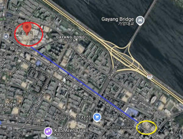 CJ가양부지와 이마트 가양점 간 거리[출처=구글맵 ]