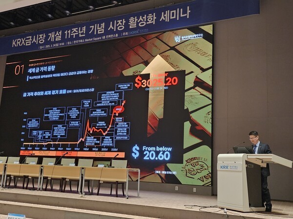 온현성 월곡주얼리산업연구소 소장이 ‘국내·외 금시장 동향 및 금지금 공급확대 방안’을 주제로 발표하고 있다.[출처= EBN]