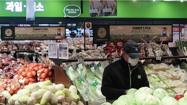 한 시민이 지난달 25일 서울 시내 대형마트 채소 판매대에서 장을 보고 있다. [출처=연합뉴스]