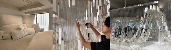 왼쪽부터 ‘The Embrace of Cotton(코튼 속 안식)’, ‘Writing the Invisible(향기, 머무는 기억)’, ‘The Labyrinth of Thoughts(사유의 미로)’ 공간. [출처=EBN 이재아 기자]