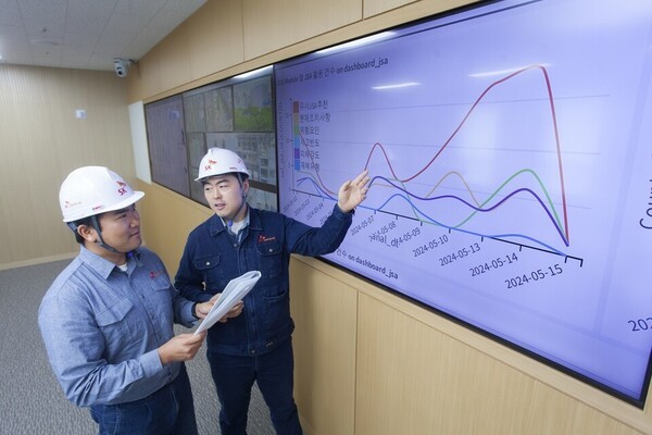 SK케미칼 구성원들이 안전 관리 시스템을 살펴보고 있다. [출처=SK케미칼]