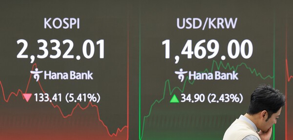 7일 오전 서울 중구 하나은행 본점 딜링룸 전광판에 코스피 지수와 원·달러 환율이 표시돼 있다. [출처= 연합]