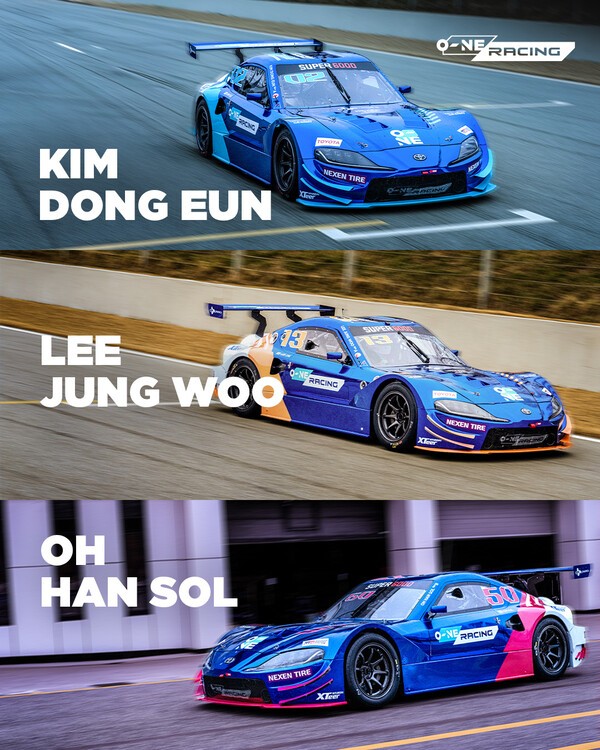 드라이버 별 시그니처 컬러 적용한 25시즌 오네 레이싱 스톡카 리버리. (윗쪽부터) 민트 김동은, 옐로 이정우, 핑크 오한솔 차량[출처=오네 레이싱]