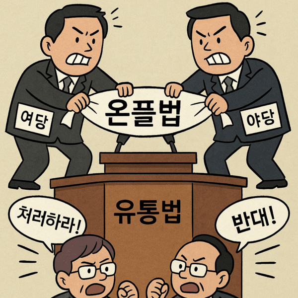 '온라인 플랫폼 공정화법'과 '유통산업발전법'을 두고 여야가 대립하고 있다. [출처=ChatGPT]