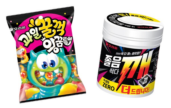 과일꿀꺽 왕꿈틀이(왼쪽)와 졸음싹다깨껌. [출처=오리온]