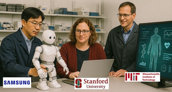 삼성전자가 북미 최고 명문 공대와 함께 신흥 기술 동맹 전략에 나선다. 스탠퍼드대, 매사추세츠공과대(MIT) 등과 공동 전선을 구축하고 로봇, 디지털 헬스케어 같은 미래 첨단기술을 함께 개발한다. [출처=EBN AI 그래픽 이미지 ]