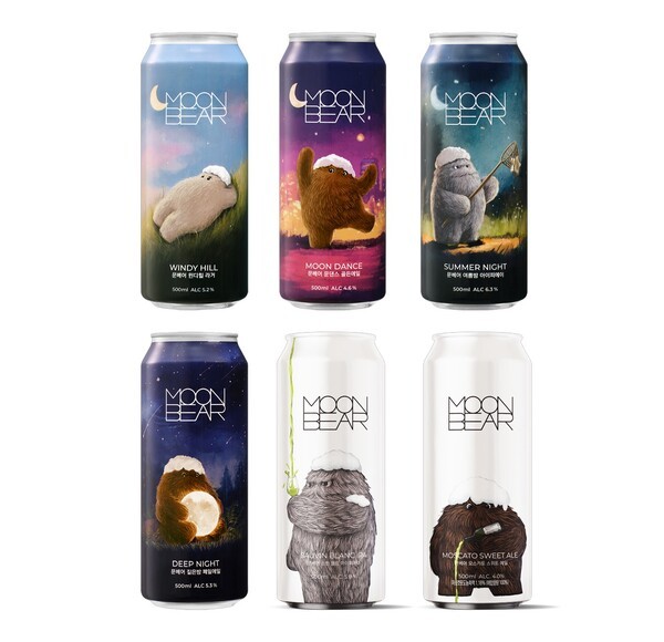 문베어 수제맥주 6종 (왼쪽부터 시계방향) △문베어 윈디힐 라거 △문댄스 골든에일 △문베어 여름밤 IPA △문베어 짙은밤 페일에일 △문베어 소빈블랑 IPA △모스카토 스위트에일. [출처=문베어]