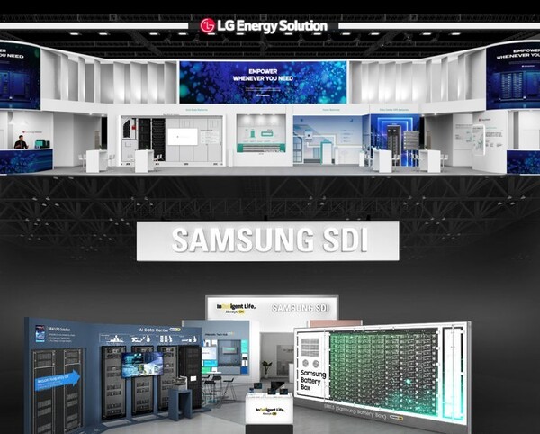 LG에너지솔루션 2025 인터배터리 유럽 부스 조감도(사진 위쪽)와 삼성SDI 인터배터리 유럽 부스 조감도. [출처=각 사 제공]