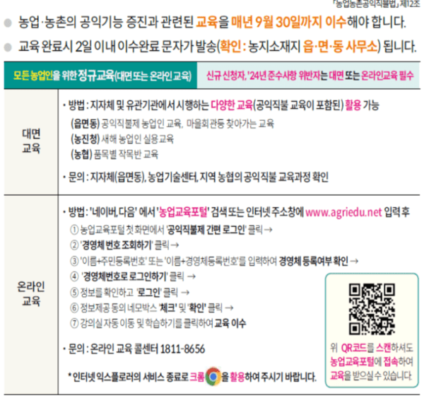 공익직불 교육과정 및 이수방법 안내 표. [출처=농식품부]