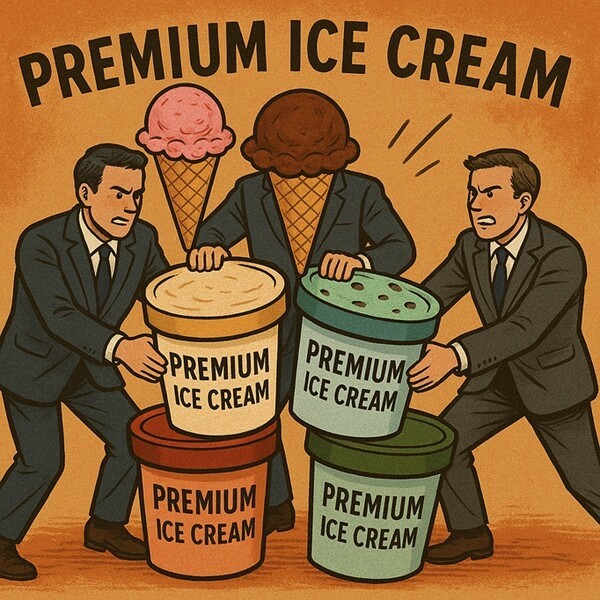 오랫동안 ‘배스킨라빈스’를 앞세운 SPC가 독주해 온 프리미엄 아이스크림 시장에 유통 대기업 한화가 정식 출사표를 던지며 경쟁 구도에 균열을 예고했다. [출처=오픈AI]