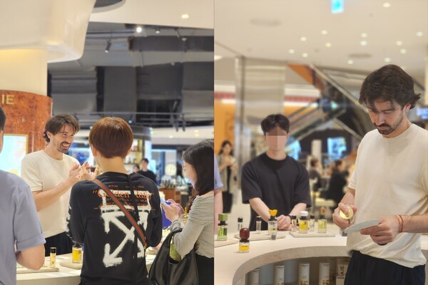오르메(ORMAIE) 창업자인 밥티스트(Baptiste)가 롯데월드타워 오르메 매장에서 열린 오르메 엑스트레 라인업 프라이빗 시향회에서 향수 매니아들에게 향에 대한 설명을 하고 있다. [출처=SE international]