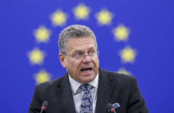 마로스 세프코비치 EU(유럽연합) 무역·경제안보 담당 집행위원이 지난 6일(현지시간) 프랑스 스트라스부르에서 열린 유럽의회 본회의에 참석해 발언하고 있다. [출처=연합뉴스]