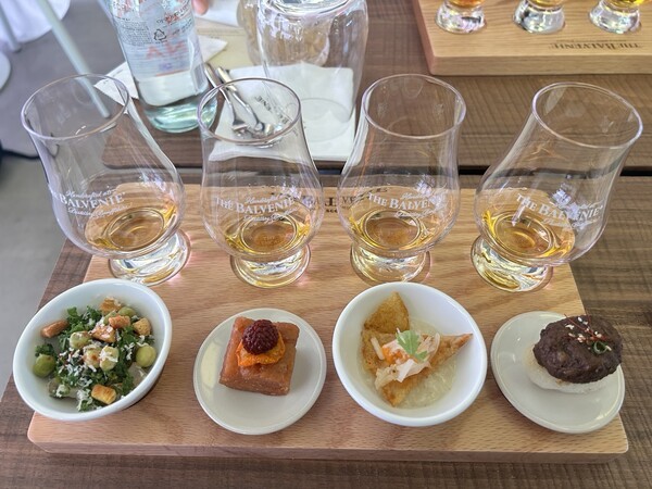 발베니 12·14·16·21년 각 한 잔과 △완두 봄 샐러드 △모약과&과일정과 △누룽지 삼계죽 △장산적 핑거푸드 페어링 샘플러. [출처=EBN]