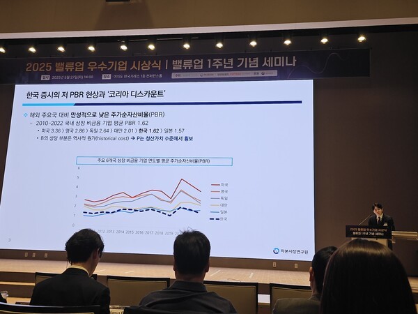 27일 한국거래소에서 개최된 밸류업 우수기업 시상식 및 밸류업 1주년 기념 세미나에서 이상호 자본시장연구원 연구위원이 발표를 하고 있다.[출처= 최수진 기자]
