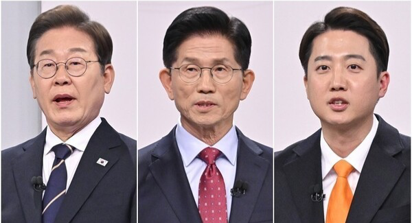 (왼쪽부터) 이재명, 김문수, 이준석 21대 대선 후보 [출처= 국회 기자단]