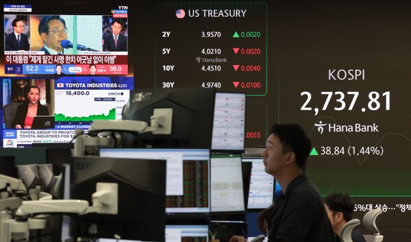 4일 오전 서울 중구 하나은행 딜링룸 현황판에 코스피 지수 등이 표시되고 있다.[출처= 연합]