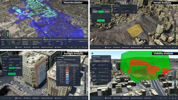 사우디아라비아 현지에서 운영 중인 디지털 트윈 플랫폼 'KSA Digital Twin System' 사용모습(왼쪽 첫번째 사진부터 시계방향대로) 홍수 시뮬레이션, 지형분석, 도심가시성 분석, 일조량 분석. [출처=네이버]
