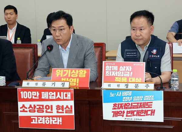 최저임금위원회 사용자위원인 류기정 한국경영자총협회 전무(왼쪽)가 10일 정부세종청사에서 열린 최저임금위원회 제4차 전원회의에서 인사말을 하고 있다. 오른쪽은 근로자위원인 정문주 한국노총 중앙연구원장.[출처= 연합]