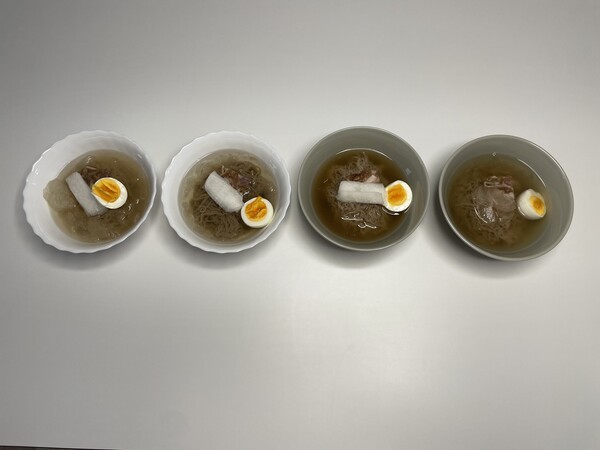 (왼쪽부터) CJ제일제당 ‘동치미물냉면’, 대상 청정원 ‘숙성동치미물냉면’, 풀무원 ‘한우물냉면’, 오뚜기 ‘김장동치미물냉면’. [출처=전제형 기자]