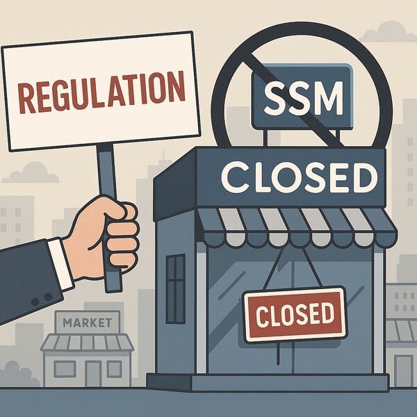 14년간 유지된 기업형 슈퍼마켓(SSM) 규제 종료를 위한 유통법 개정안이 발의된 가운데 유통 생태계 내 갈등 해소나 소상공인 보호 대책이 부족하다는 비판이 제기되고 있다. [출처=오픈AI]