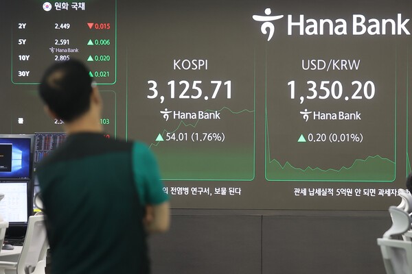 1일 오전 서울 중구 하나은행 본점 딜링룸 현황판에 코스피, 원·달러 환율이 표시돼 있다.[출처= 연합]