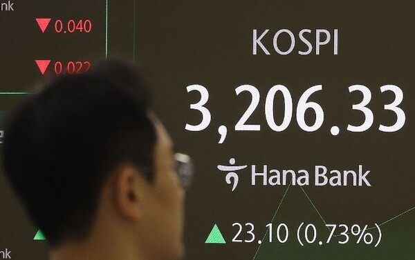 코스피가 장중 3,200을 돌파하며 연고점을 경신한 11일 오전 서울 중구 하나은행 본점 딜링룸에서 딜러들이 업무를 보고 있다. [출처=연합]